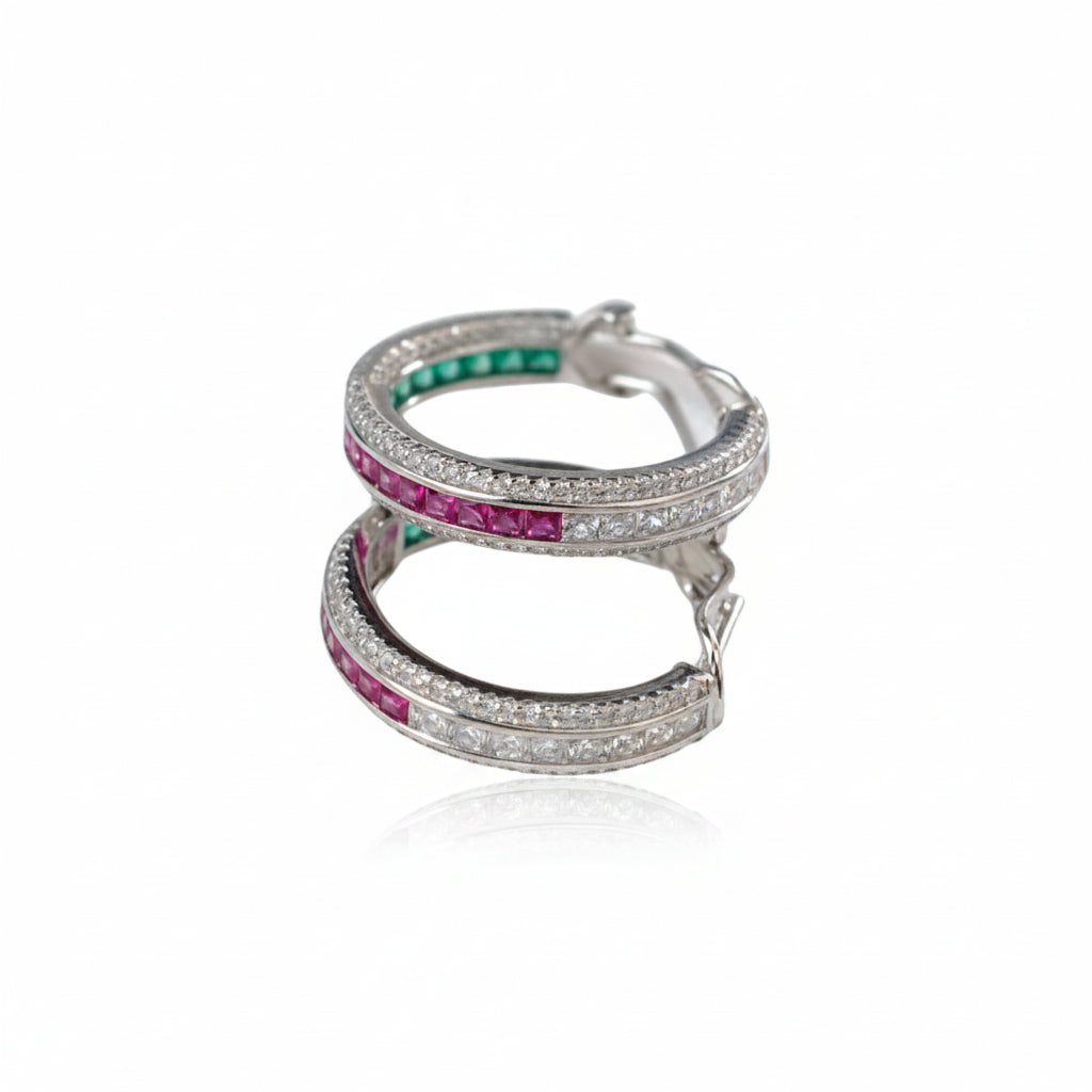 Lab Ruby 925 Silver Earrings Premium Micro-Set Full Diamond Ring Stacking - Photo 1