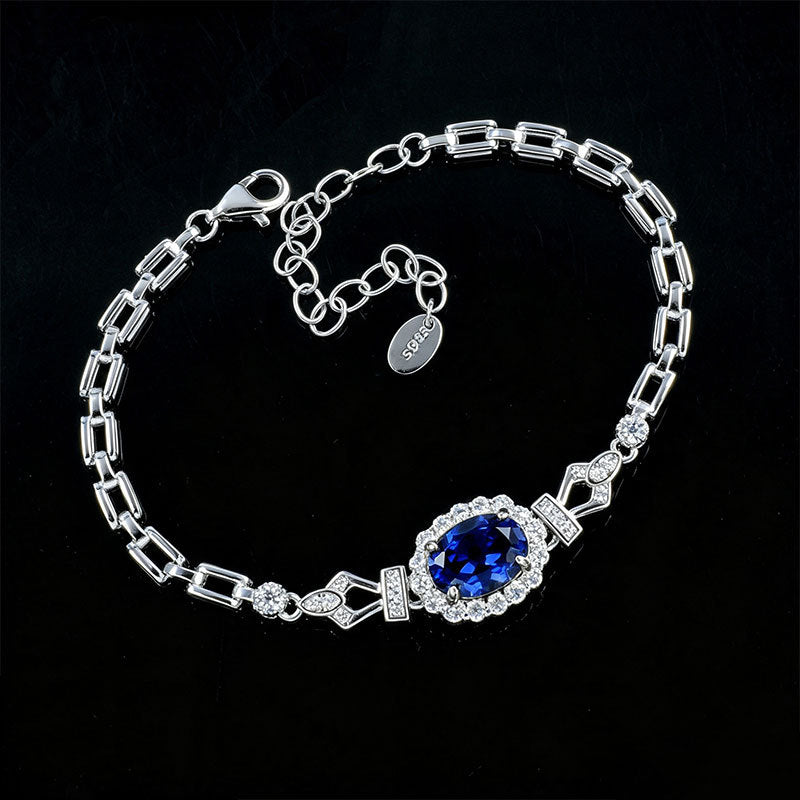 S925 Silver Oval Lab Sapphire Bracelet, Full Diamond Halo - Photo 4