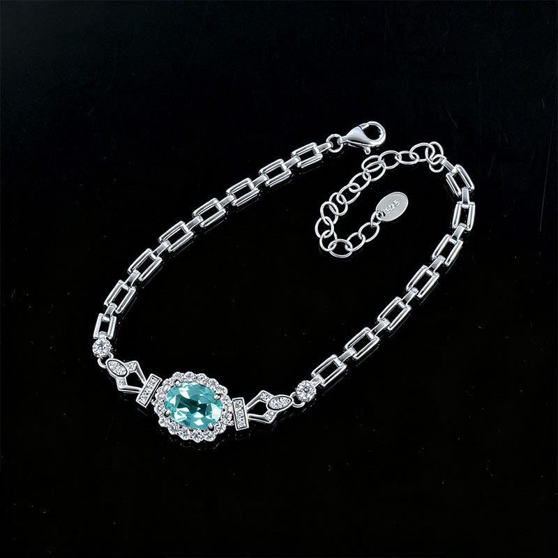 S925 Silver Oval Paraiba Tsavorite Bracelet, Full Diamond Halo - Photo 3