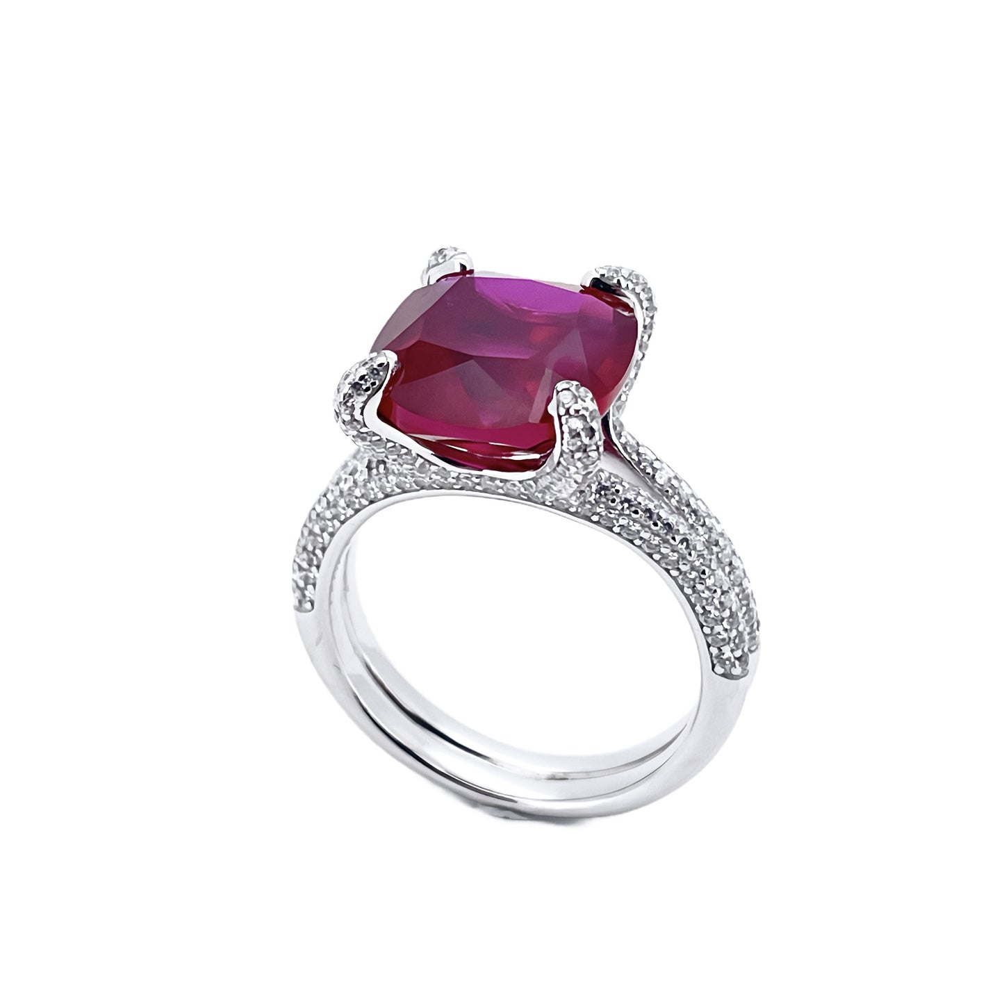 Lab Ruby Ring S925 Sterling Silver Full Diamond Cushion Centre, Engagement Gift - Photo 5