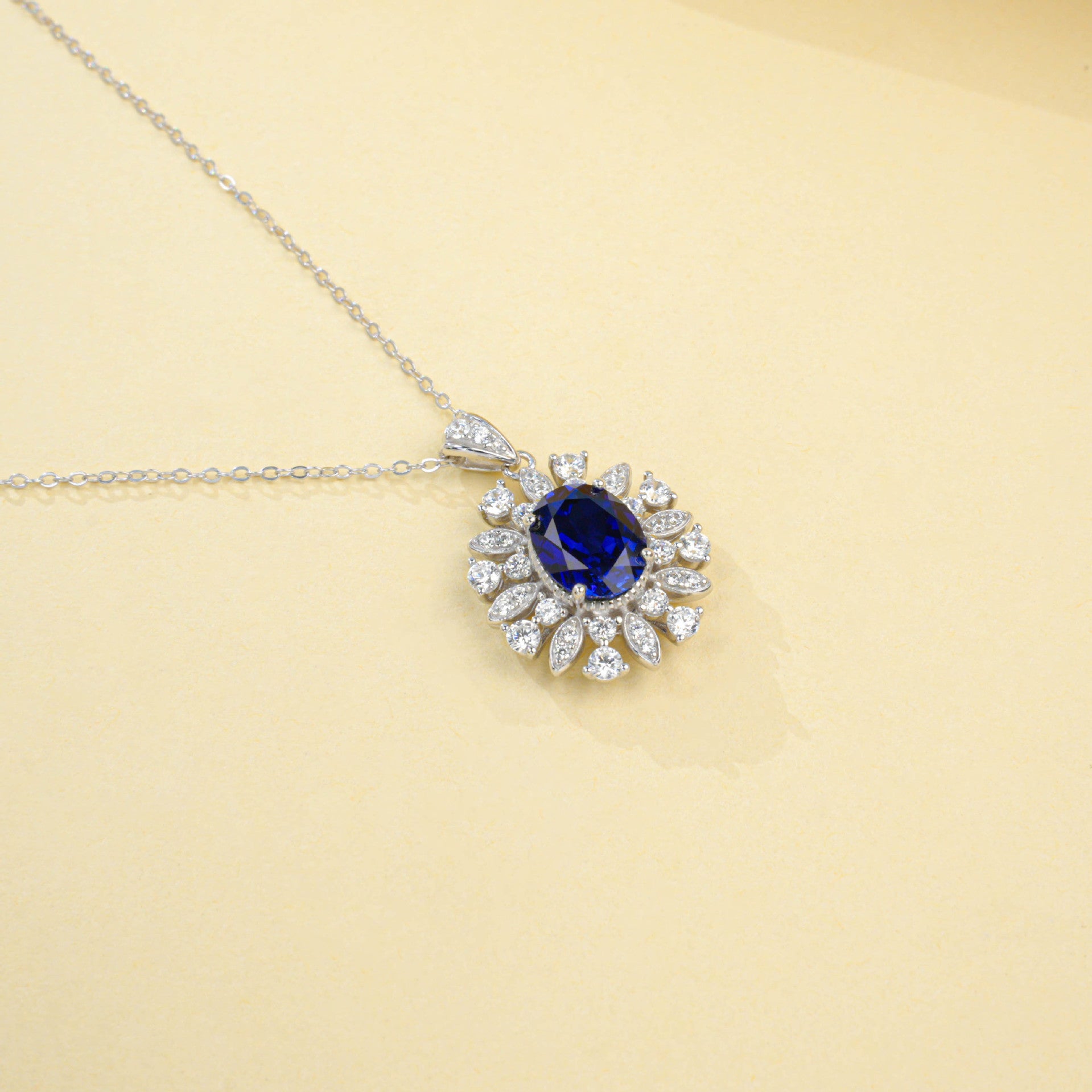 Luxurious Sapphire Halo Silver Choker, Sunflower Gemstone Pendant - Photo 2