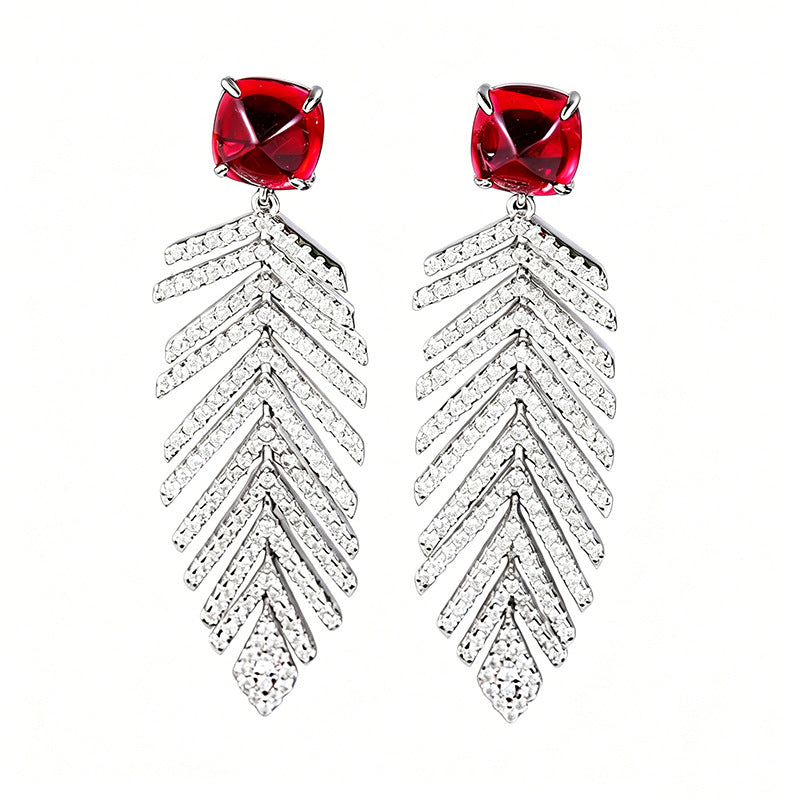 S925 Sterling Silver Sugarloaf-Cut coloured Gemstone Feather Earrings, Evening for Women - Photo 5