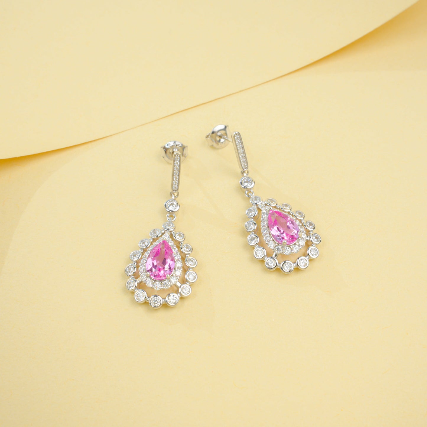 S925 Sterling Silver Lab Paraiba Teardrop Geometric Halo Drop Earrings - Photo 4
