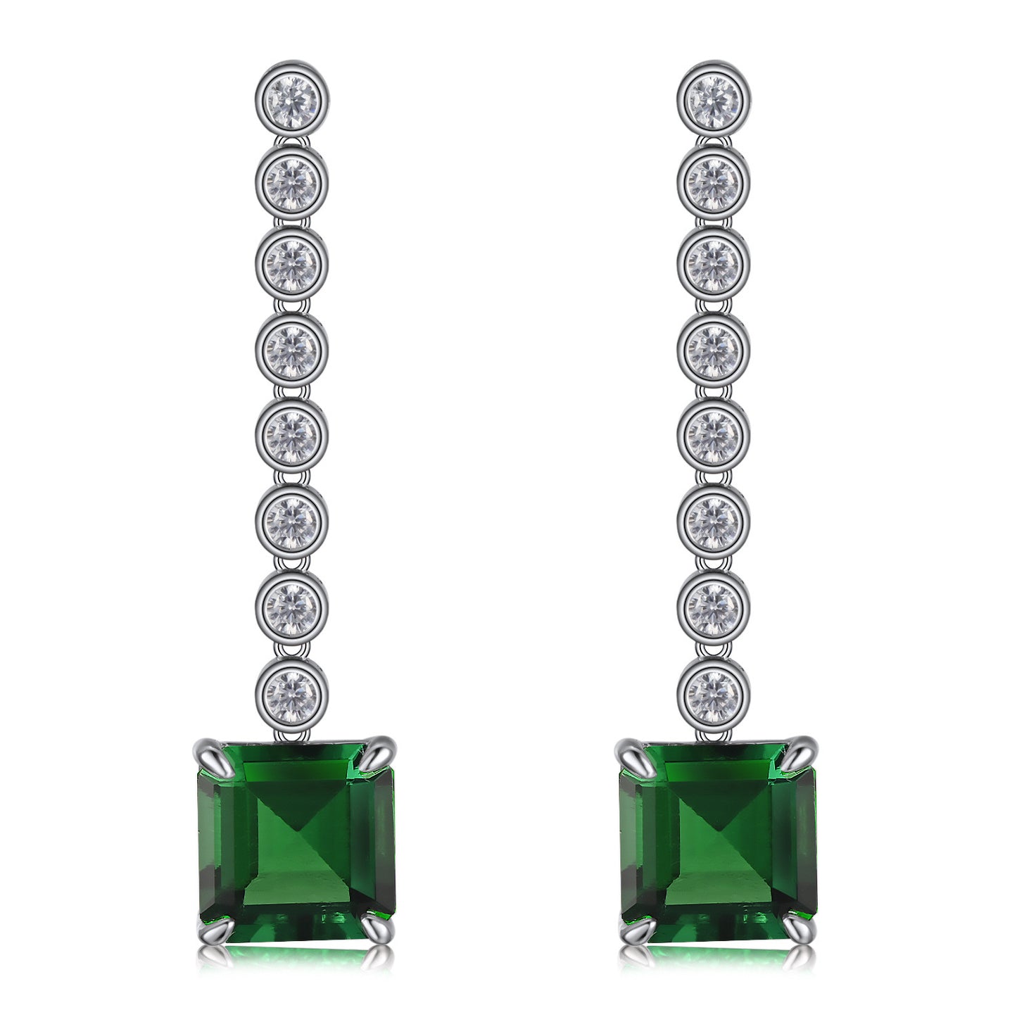 S925 Silver Princess-Cut Lab Emerald Long Drop Earrings, Pave Diamond Chain - Photo 5
