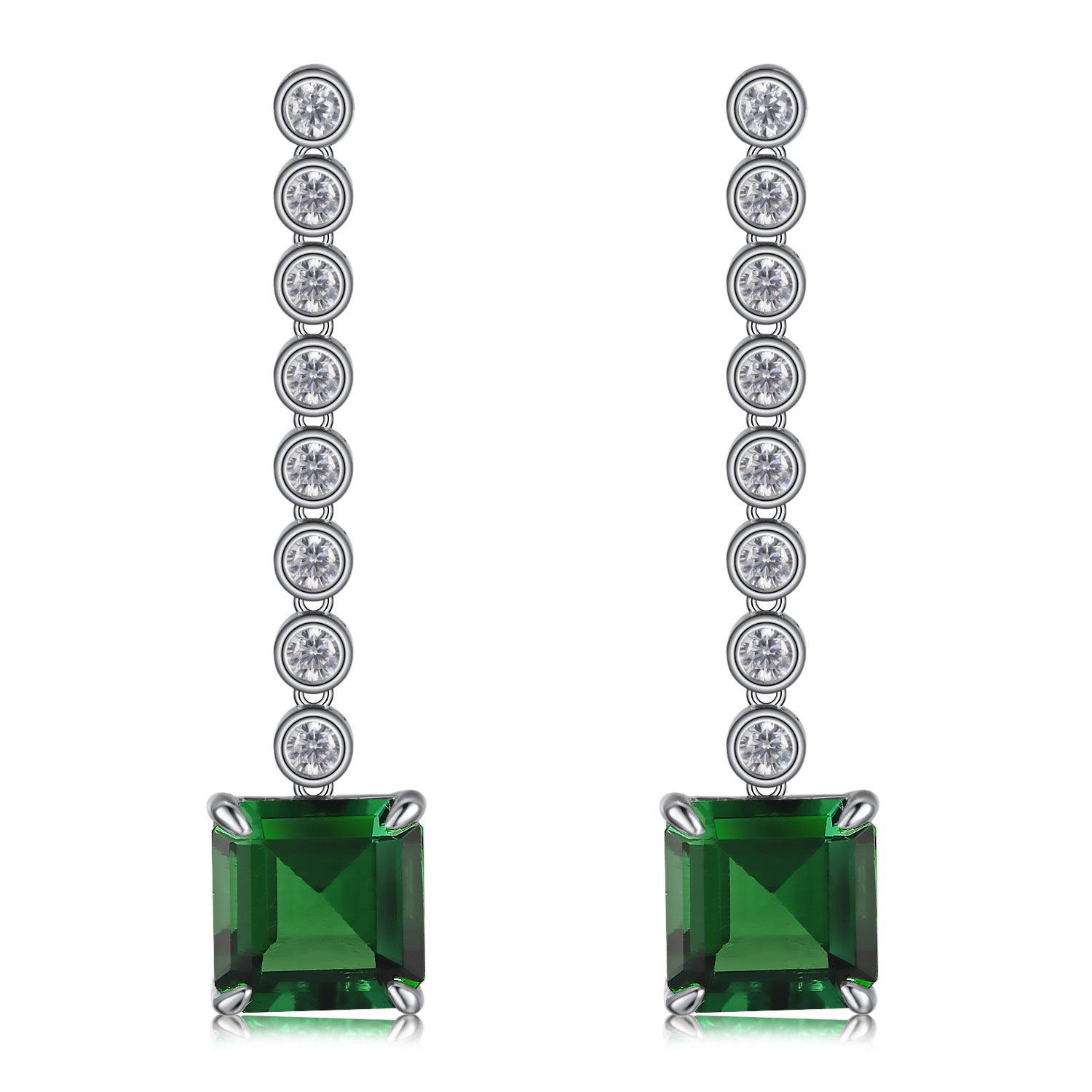 S925 Silver Princess-Cut Lab Emerald Long Drop Earrings, Pave Diamond Chain - Photo 5