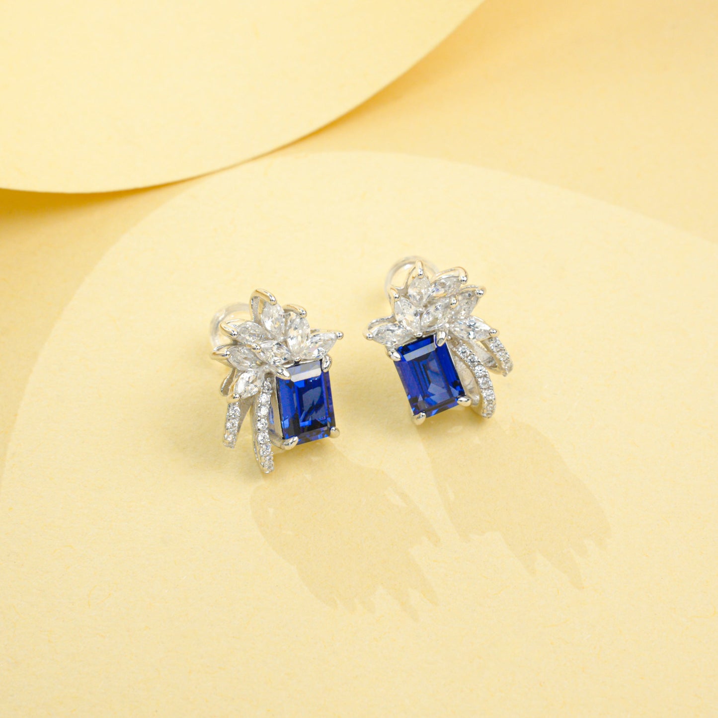 925 Sterling Silver Lab Sapphire Wing & Leaf Halo Earrings, Emerald-Cut - Photo 1