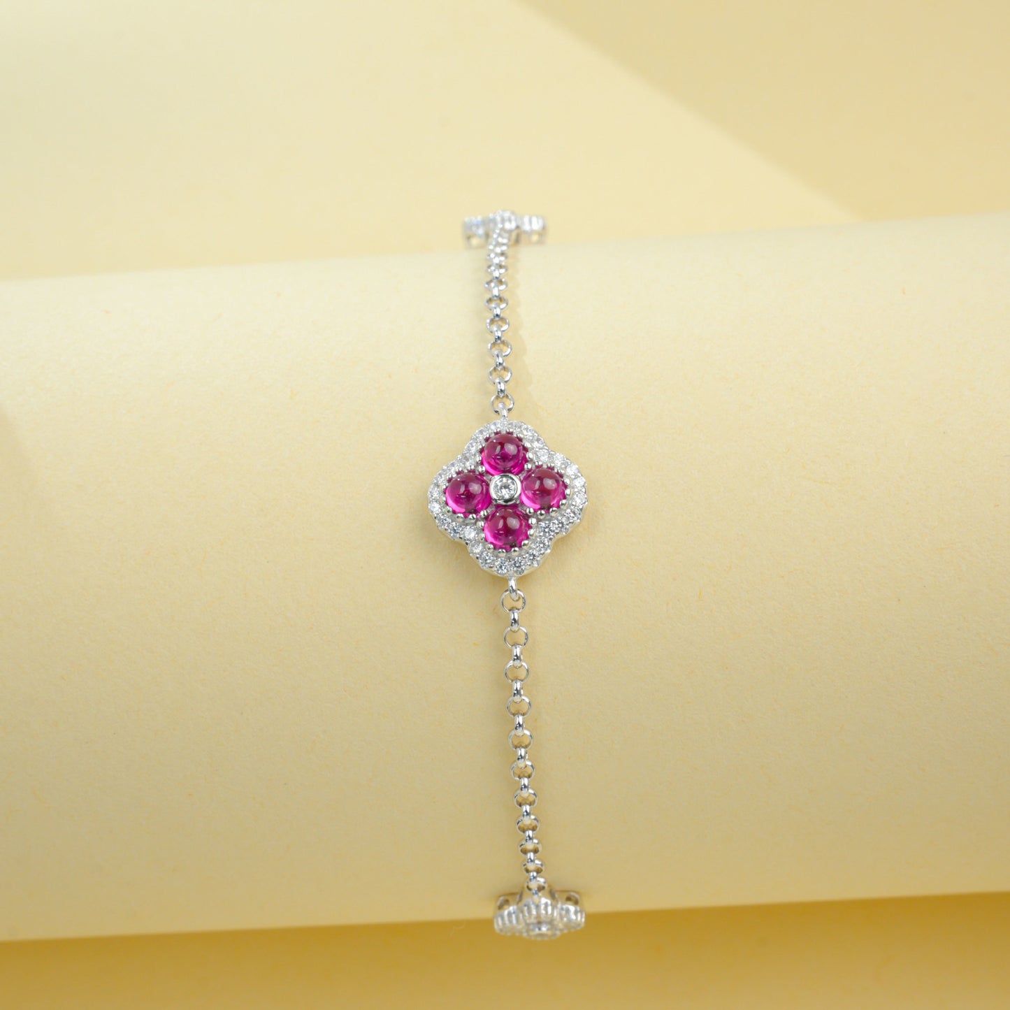 S925 Sterling Silver Lab Ruby Four-Leaf Clover Pave Bracelet, Premium - Photo 2