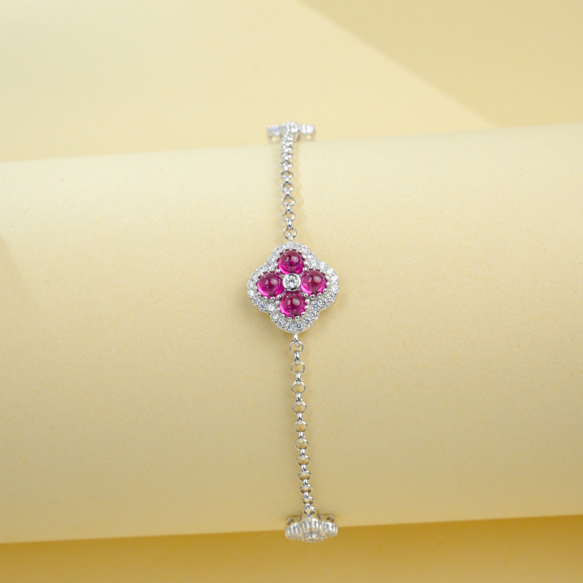 S925 Sterling Silver Lab Ruby Four-Leaf Clover Pave Bracelet, Premium - Photo 2