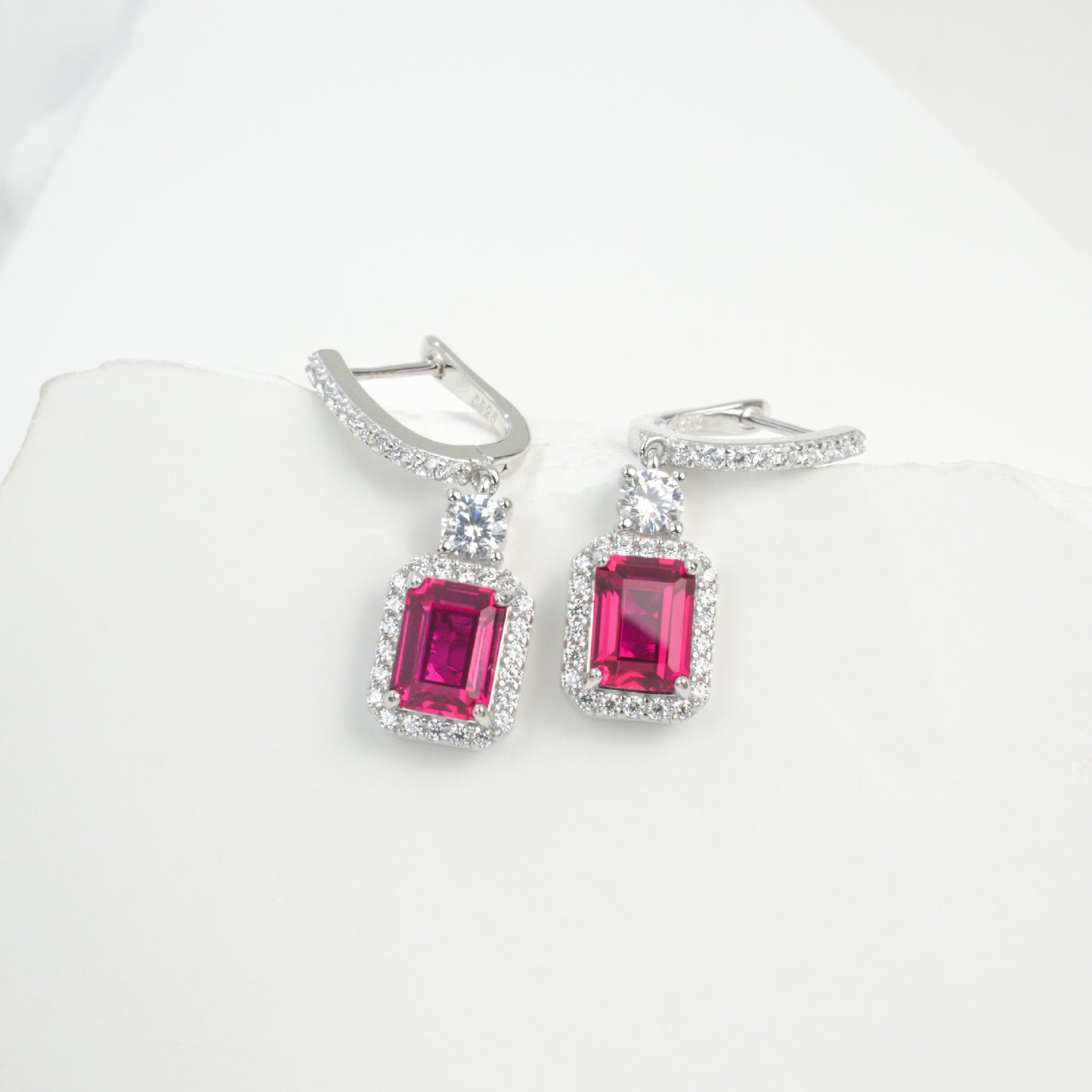 S925 Silver Lab Ruby Drop Earrings Diamond Halo, Anniversary Versatile Gift - Photo 2