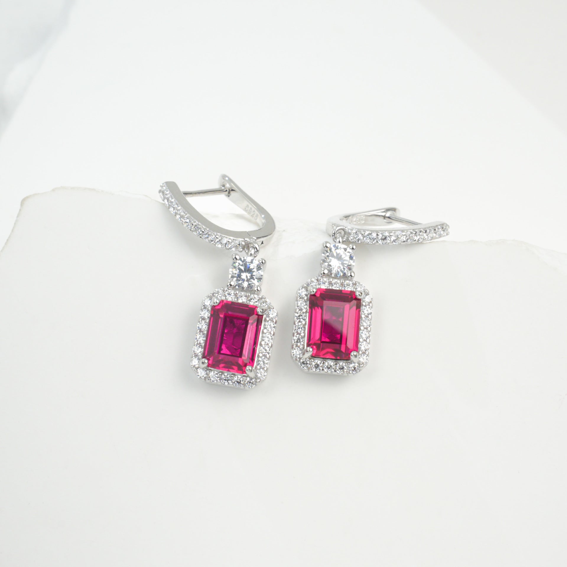 S925 Silver Lab Ruby Drop Earrings Diamond Halo, Anniversary Versatile Gift - Photo 2