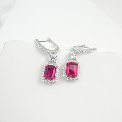 S925 Silver Lab Ruby Drop Earrings Diamond Halo, Anniversary Versatile Gift - Photo 2