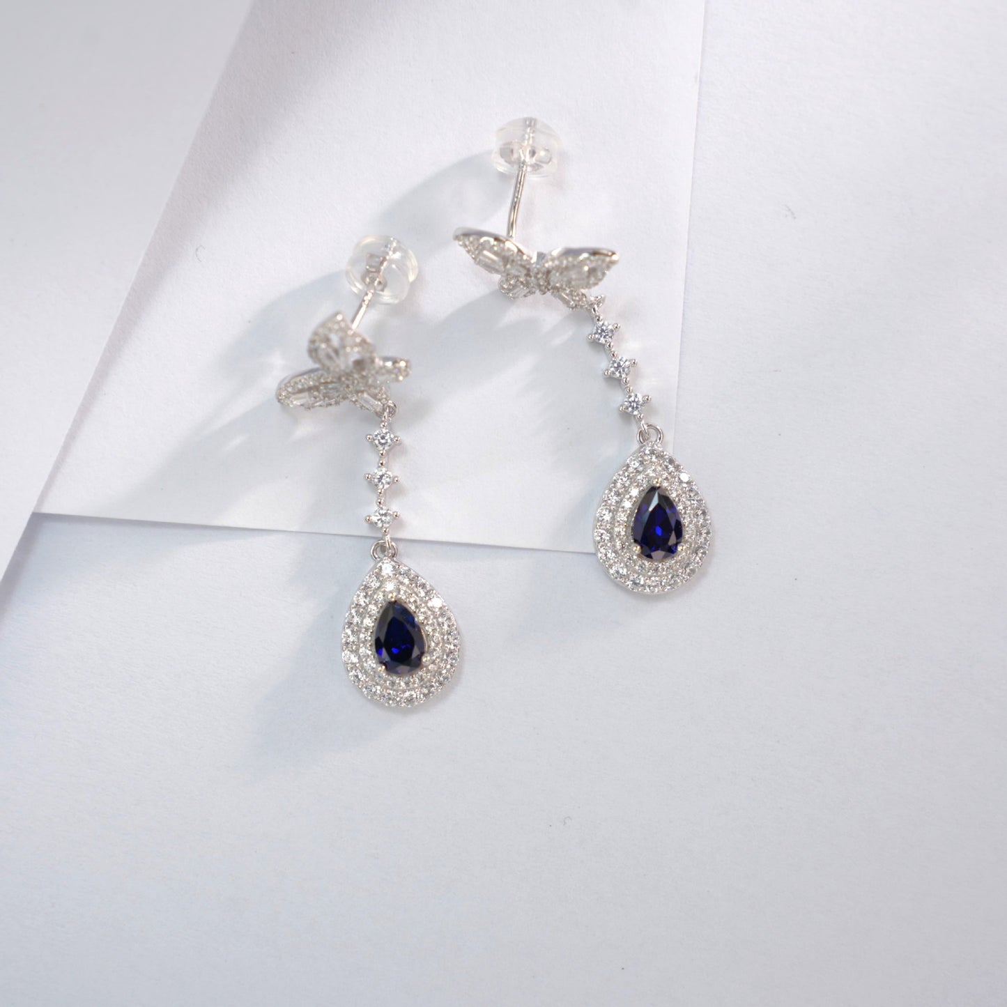 Lab Sapphire S925 Silver Butterfly Stud Earrings, Vintage Premium Princess - Photo 2