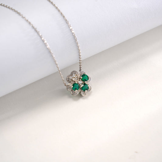 S925 Sterling Silver Lab Emerald Four-Leaf Clover Necklace, Fresh Versatile - Photo 2