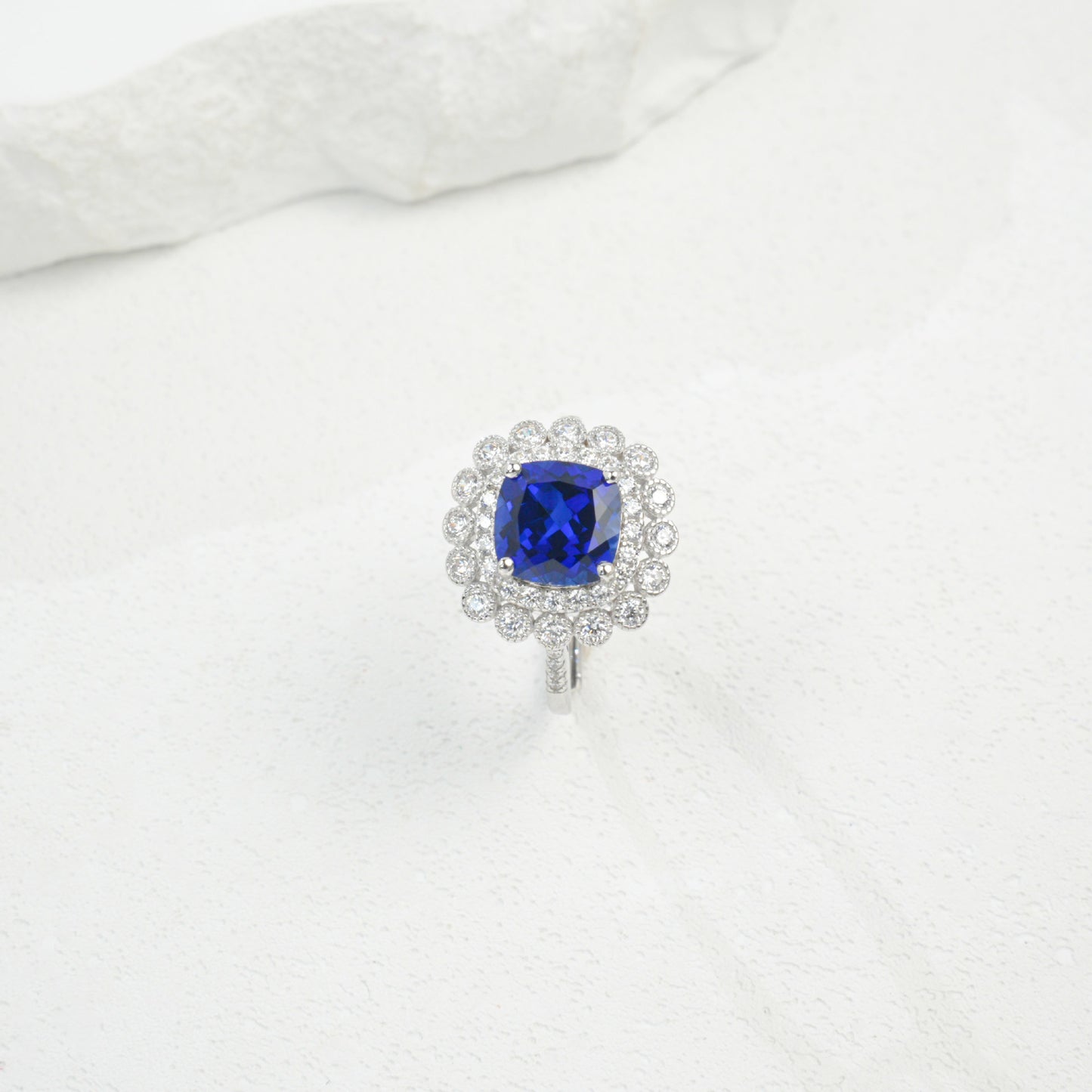 S925 Sterling Silver Lab Sapphire Cushion Halo Ring, Valentine Birthday Gift for Girlfriend - Photo 3