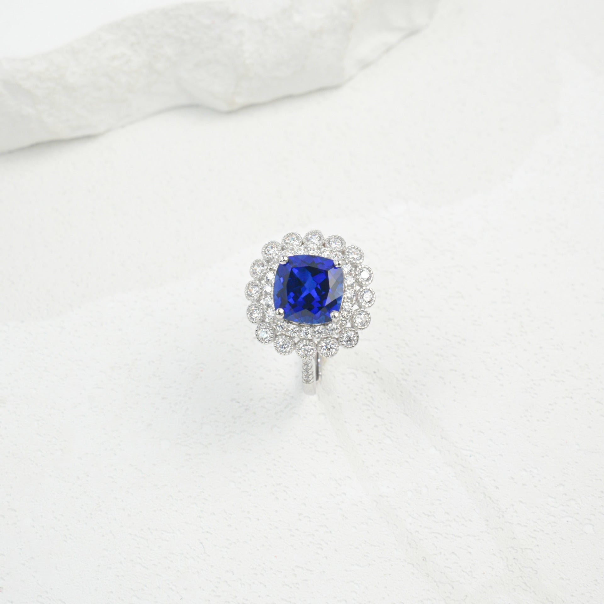S925 Sterling Silver Lab Sapphire Cushion Halo Ring, Valentine Birthday Gift for Girlfriend - Photo 3