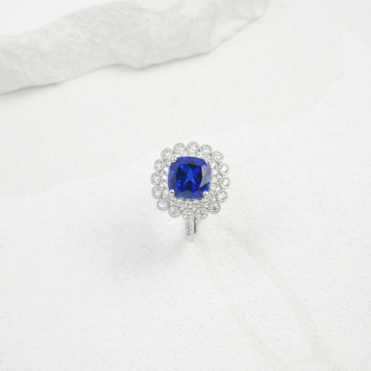 S925 Sterling Silver Lab Sapphire Cushion Halo Ring, Valentine Birthday Gift for Girlfriend - Photo 3