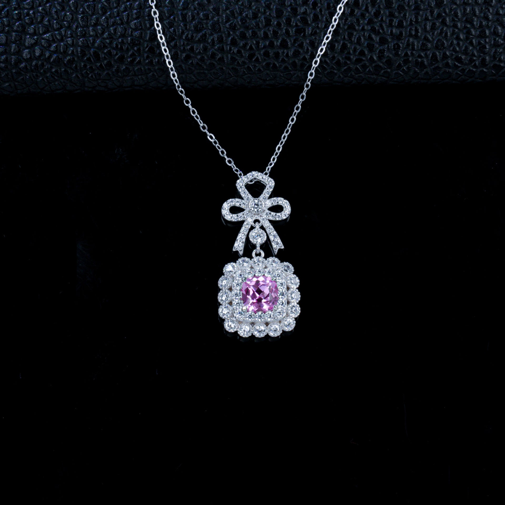 Lab Pink Sapphire Sugarloaf Pendant S925 Rhodium-Plated Bow, Choker Necklace - Photo 6