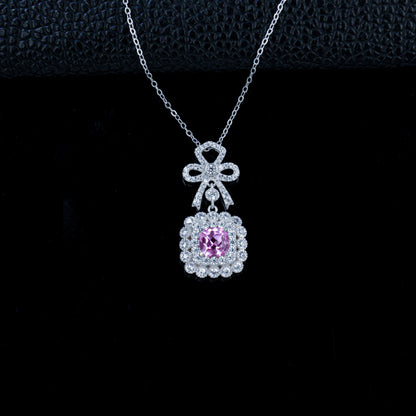 Lab Pink Sapphire Sugarloaf Pendant S925 Rhodium-Plated Bow, Choker Necklace - Photo 6