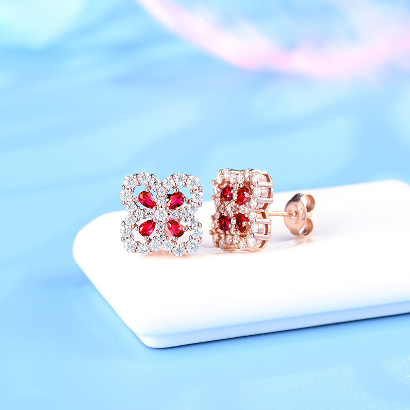 S925 Sterling Silver Rose-Gold Lab Ruby Four-Leaf Clover Pave Earrings, Jewellery for Women - Photo 4