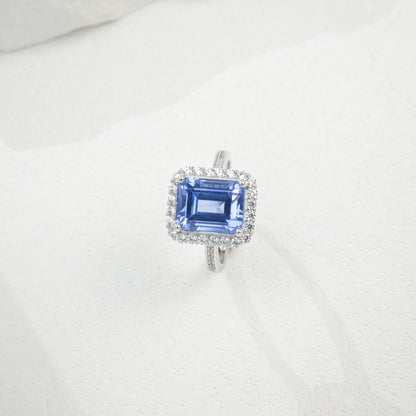 S925 Silver Lab Cornflower Sapphire Cut Halo, Versatile Women's Ring - Photo 6