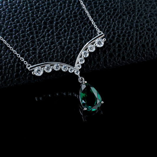 S925 Sterling Silver Lab Emerald V-Shape Teardrop Choker Necklace, Designer - Photo 2