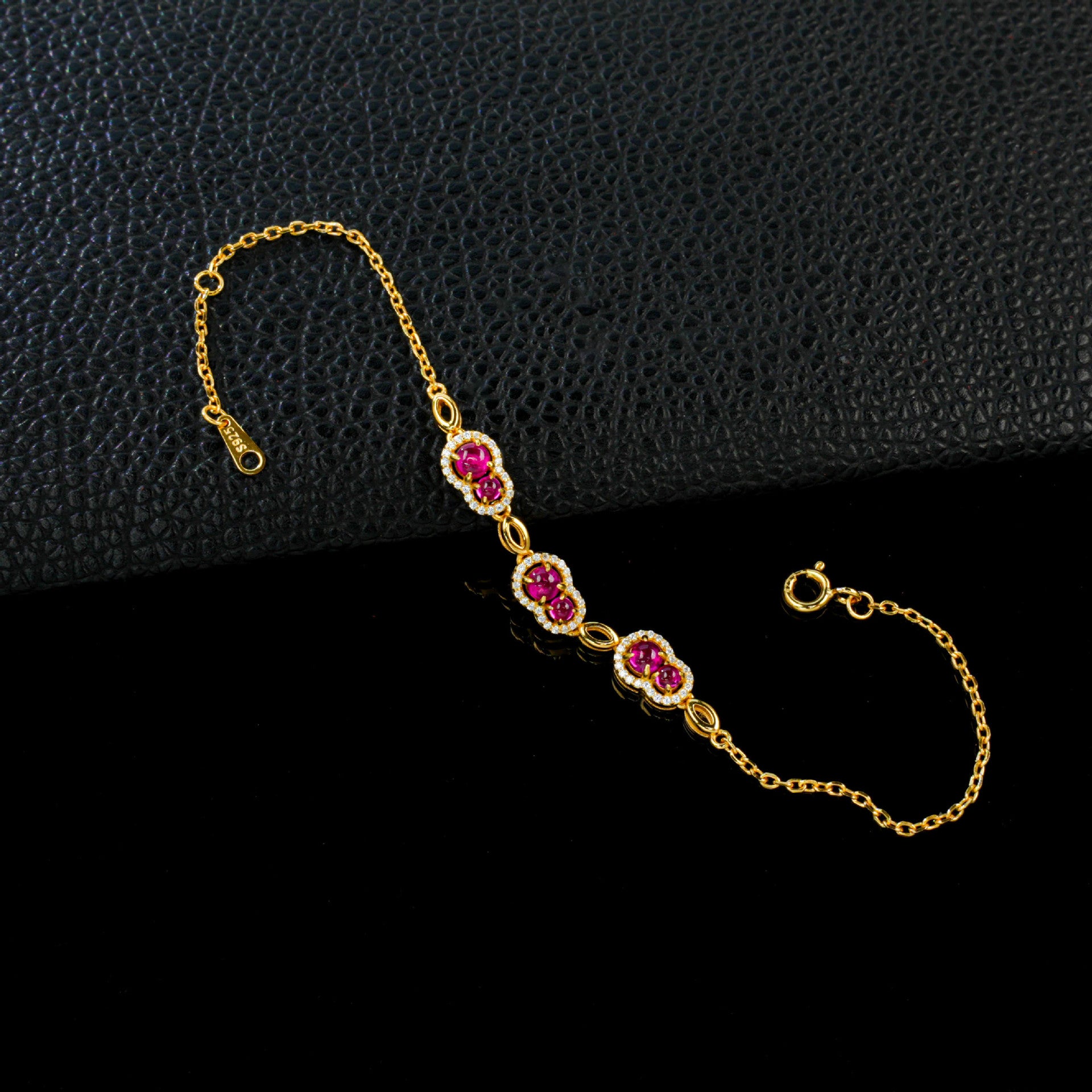 S925 Sterling Silver Lab Pigeon Blood Ruby Gourd Enamel Sparkly Bracelet, Versatile - Photo 4