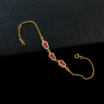 S925 Sterling Silver Lab Pigeon Blood Ruby Gourd Enamel Sparkly Bracelet, Versatile - Photo 4