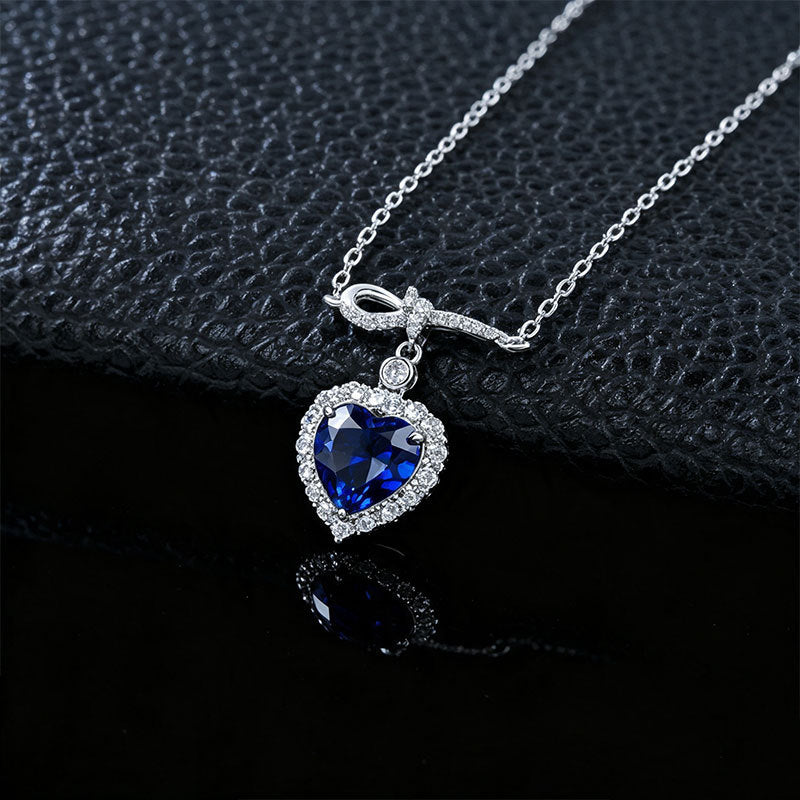 S925 Silver Heart Lab Sapphire Necklace, Full Diamond Halo - Photo 3