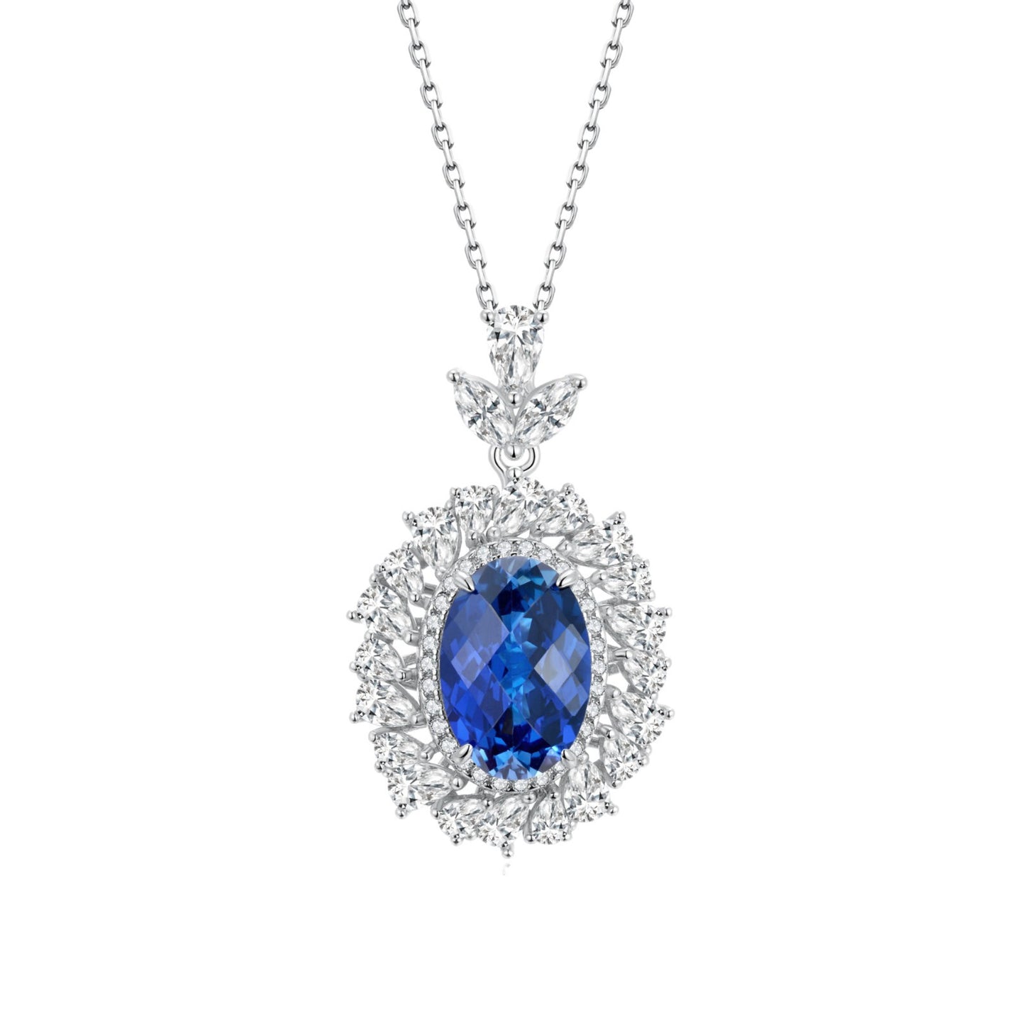 S925 Sterling Silver Oval Sapphire Pendant Choker Halo, Design Versatile Premium - Photo 5