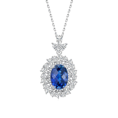 S925 Sterling Silver Oval Sapphire Pendant Choker Halo, Design Versatile Premium - Photo 5