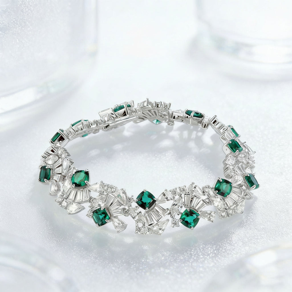 S925 Sterling Silver Lab Emerald Bracelet for Women, Sparkly - Photo 2