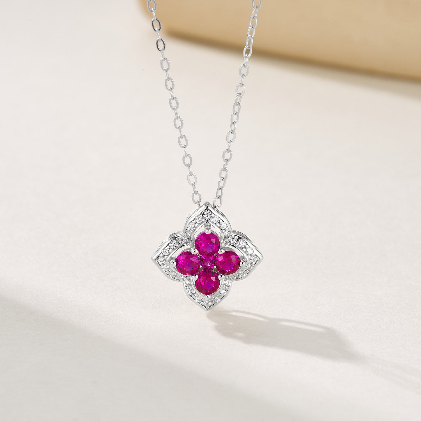 Lab Ruby Necklace S925 Sterling Silver Sparkling Four-Leaf Clover, Sweet - Photo 2