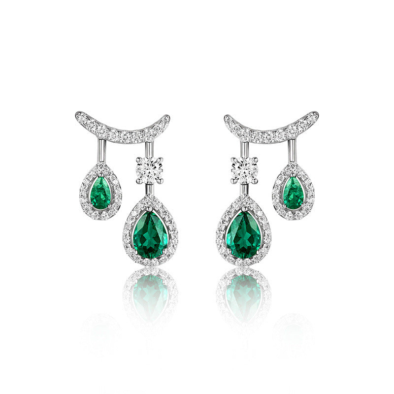 S925 Silver Crescent Arc Ear Cuff Double Teardrop Lab Emerald Diamond Halo, Evening - Photo 5