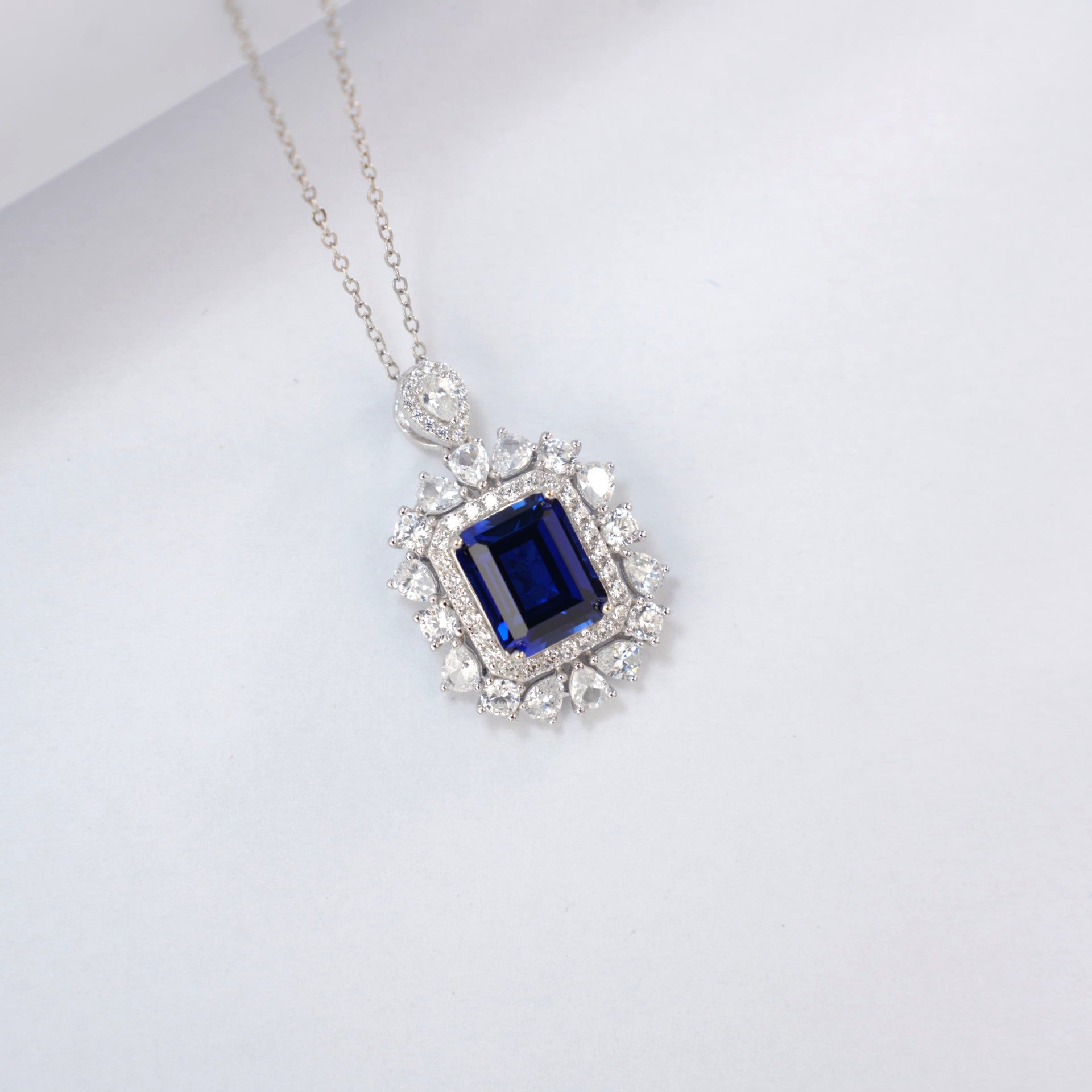 S925 Sterling Silver Lab Sapphire Necklace Square Premium - Photo 4