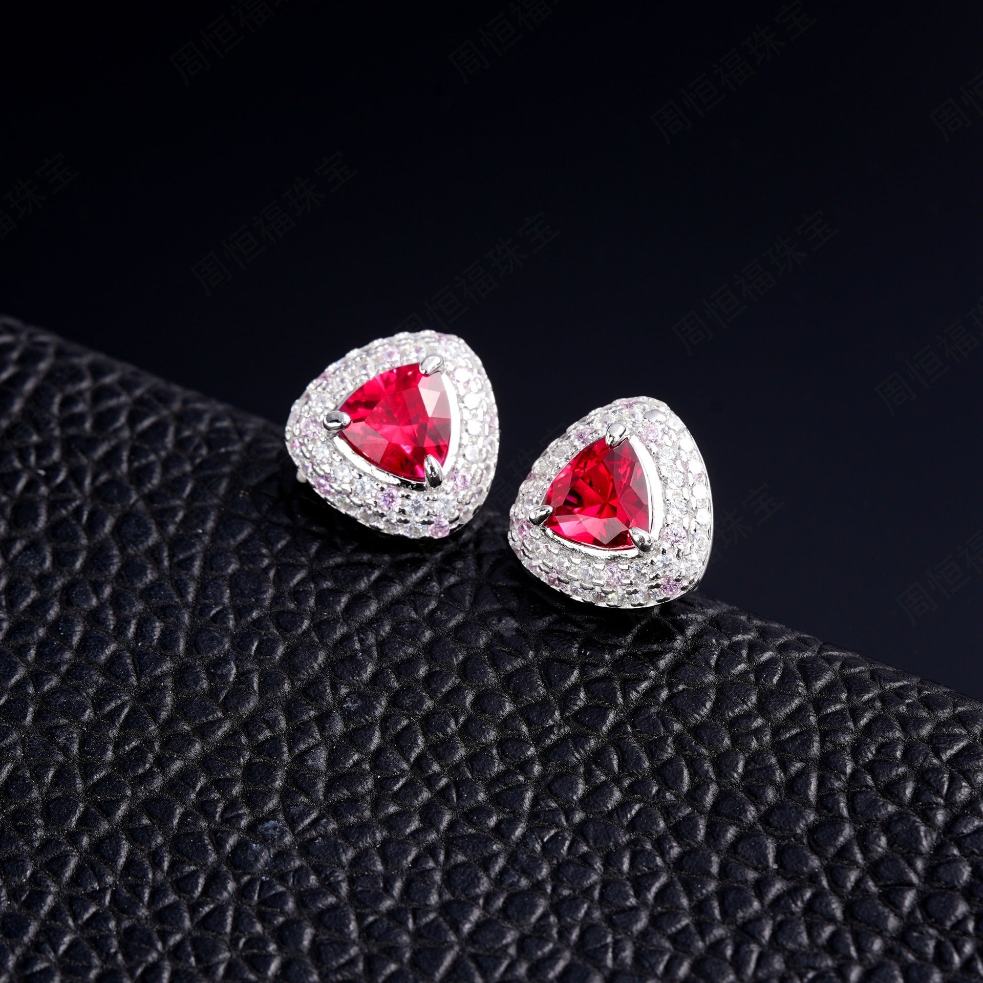 S925 Silver Triangle Lab Ruby Full Diamond Stud Earrings, Skin-Brightening Earrings - Photo 2