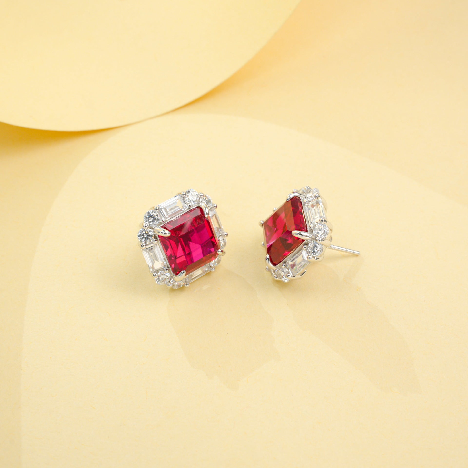 S925 Silver Lab Ruby Stud Earrings Full Diamond Halo, Anniversary Versatile Gift - Photo 3