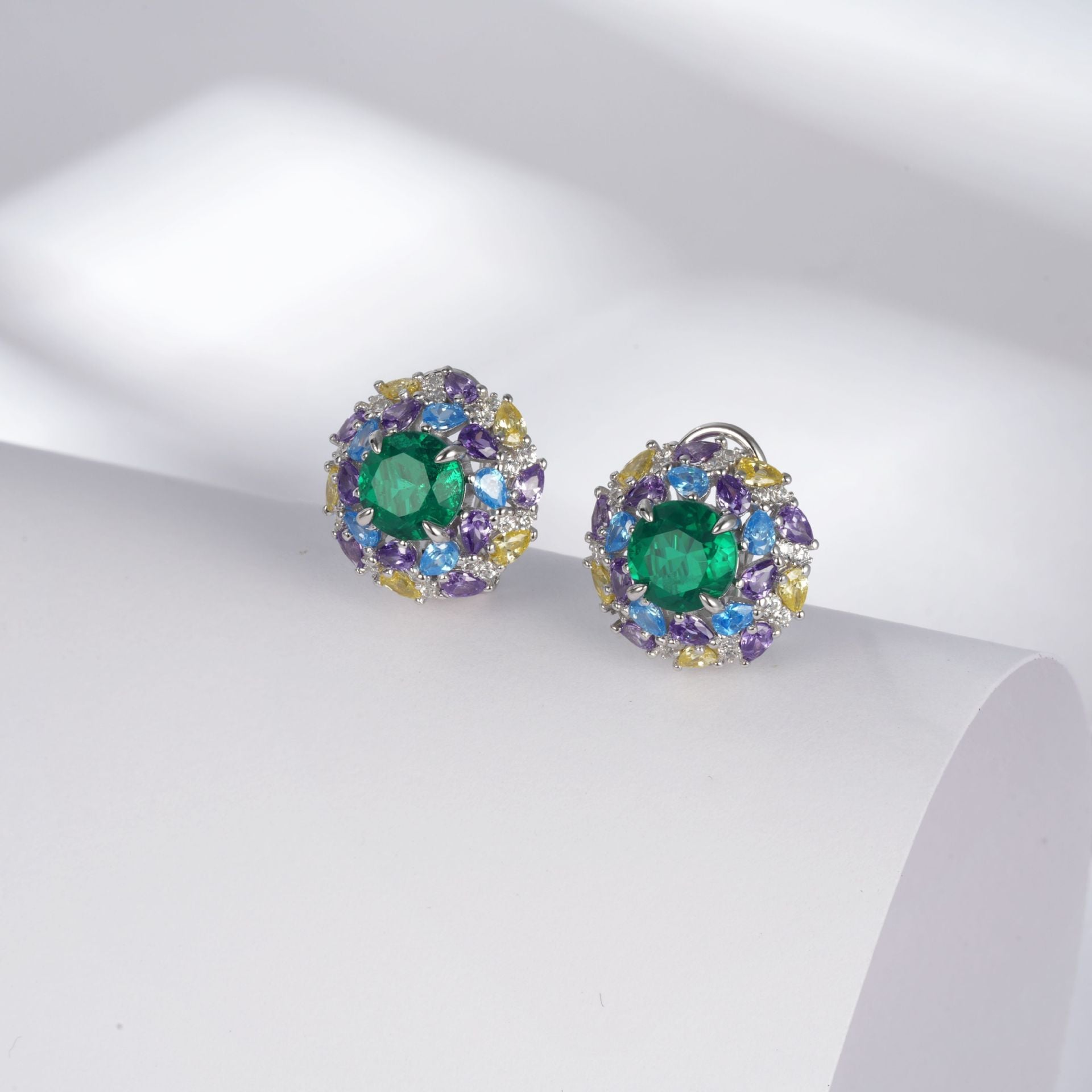S925 Sterling Silver Lab Emerald Stud Earrings, Vintage Flower Diamond - Photo 5