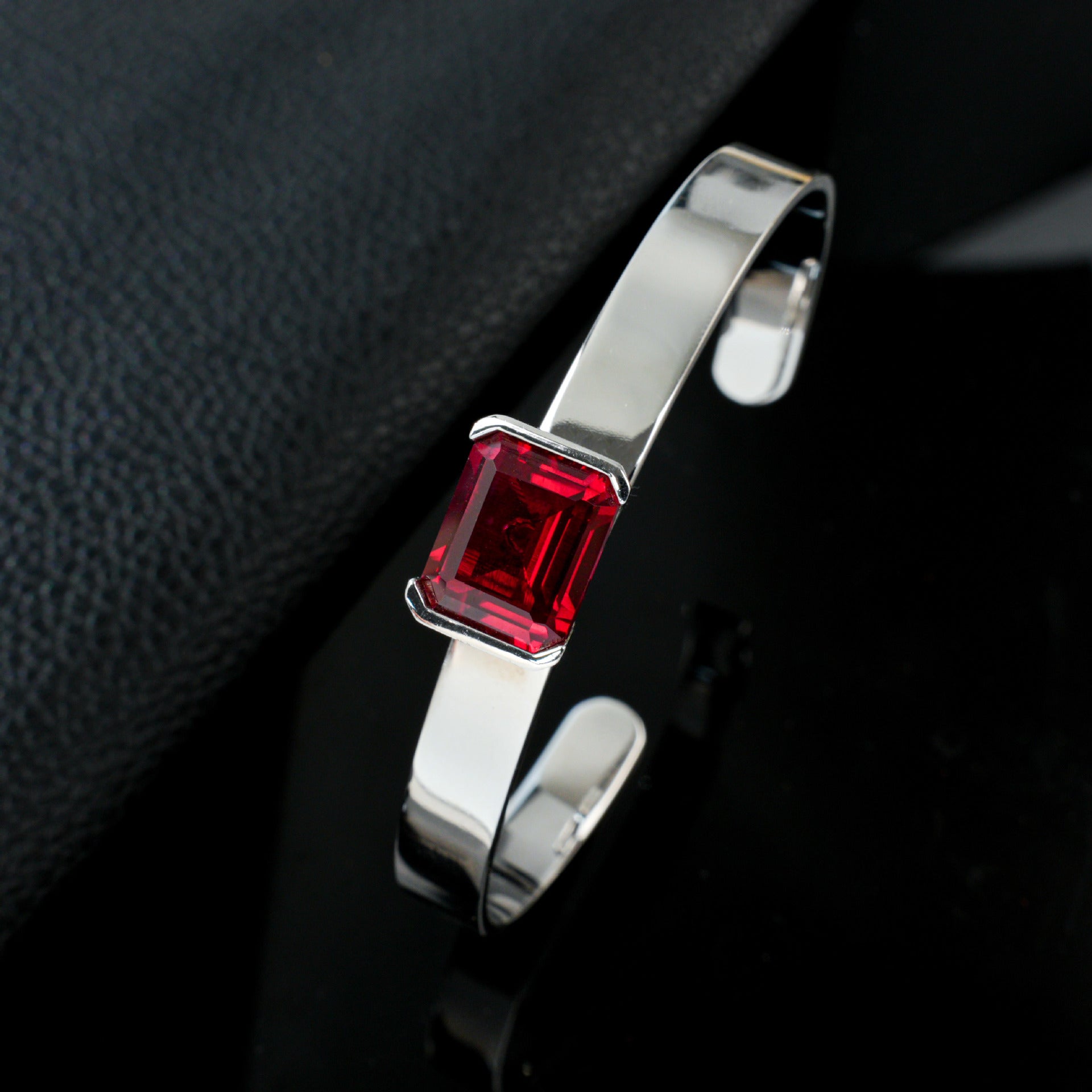 S925 Sterling Silver Lab Ruby Open Bangle for Women, Minimalist Gift - Photo 2