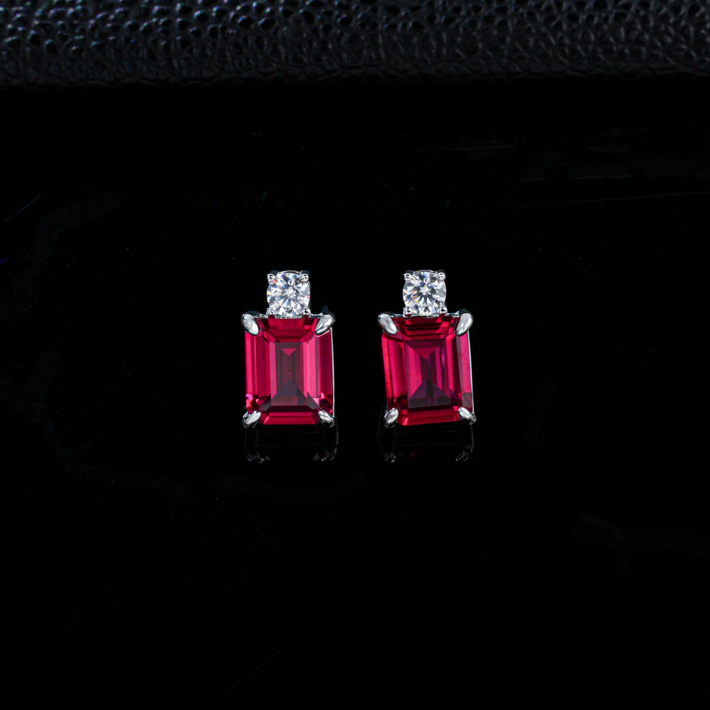 S925 Sterling Silver Lab Ruby Stud Earrings Rectangle Emerald-Cut, Simple Gemstone Earrings - Photo 2