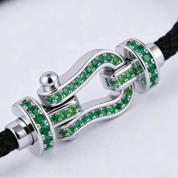 S925 Sterling Silver Lab Emerald Horseshoe Pave Black Cord Bracelet, Vintage Minimalist - Photo 4