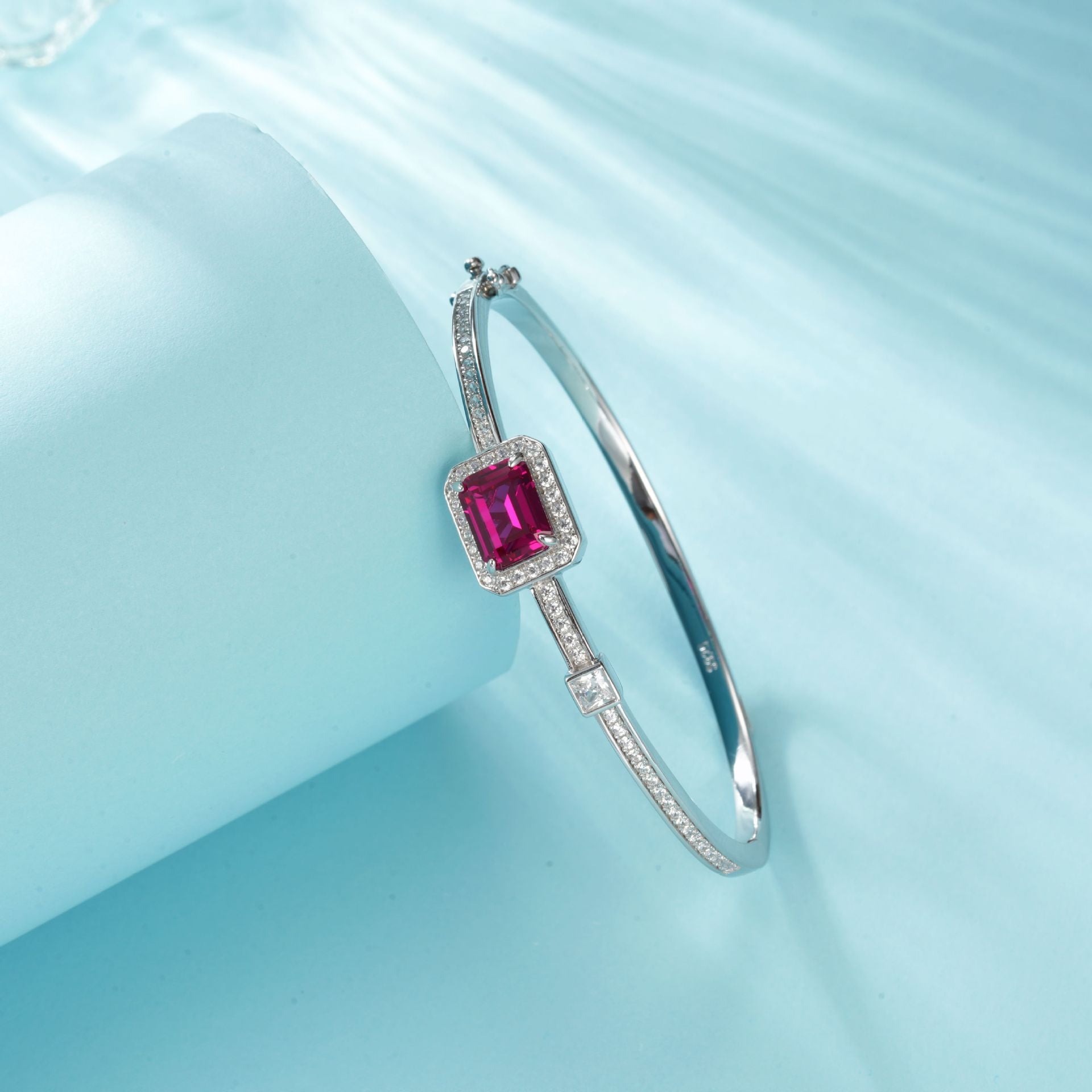 S925 Sterling Silver Lab Ruby Bangle, Square Simple Small - Photo 3