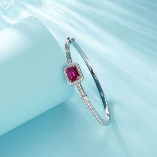 S925 Sterling Silver Lab Ruby Bangle, Square Simple Small - Photo 3