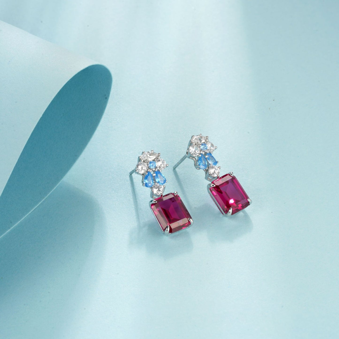 S925 Silver Colour-Block Rectangle Corundum Stud Earrings, French Vintage Premium - Photo 3