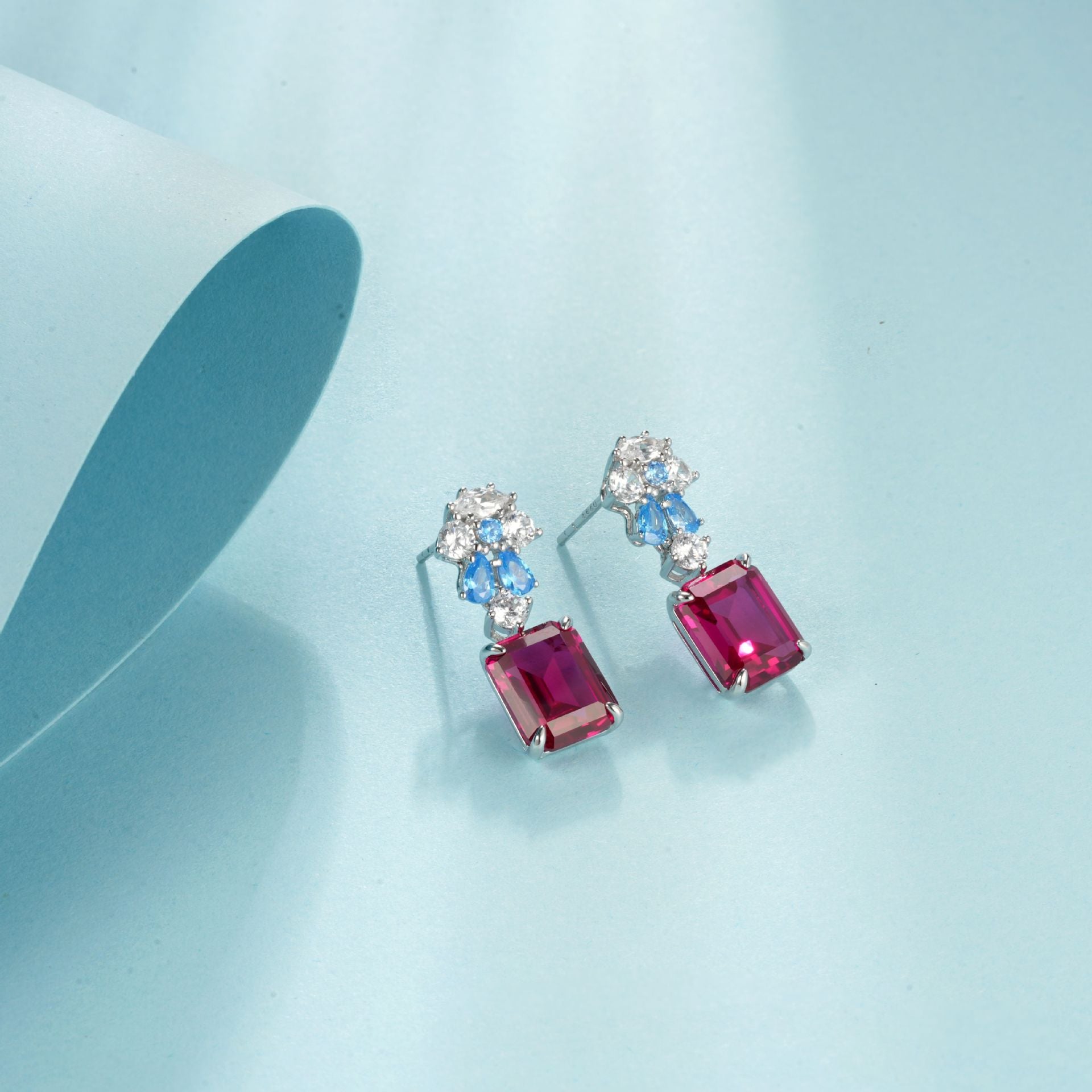 S925 Silver Colour-Block Rectangle Corundum Stud Earrings, French Vintage Premium - Photo 3