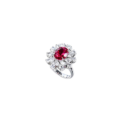 S925 Sterling Silver Oval Lab Ruby Sunflower Ring, Blooming Flower - Photo 5