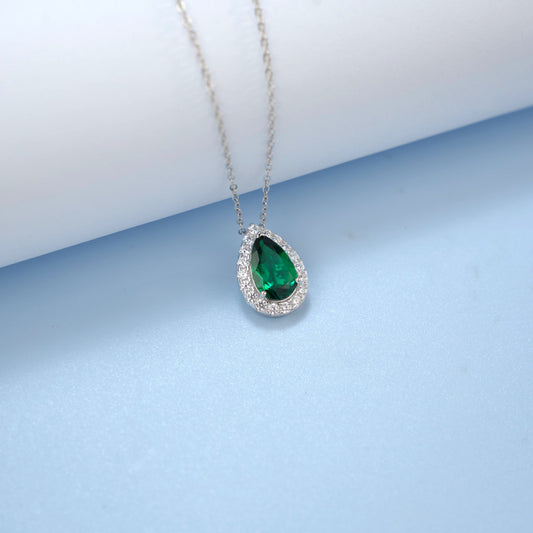 925 Sterling Silver Lab Emerald Teardrop Vintage Pendant Necklace, Stackable for Women - Photo 2