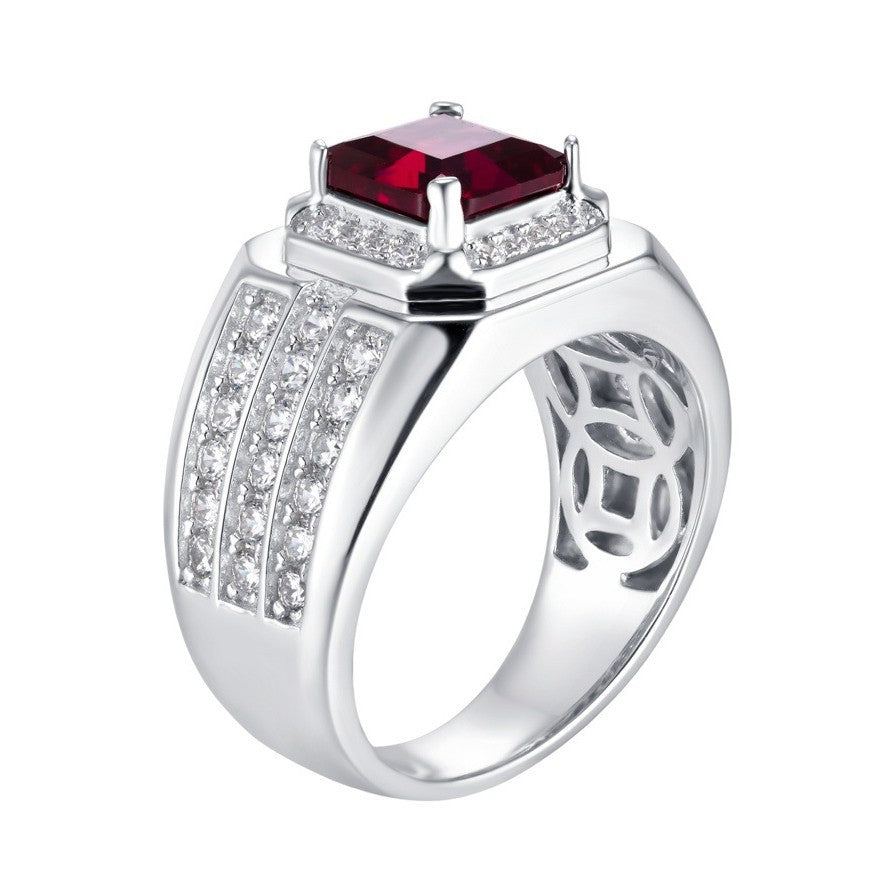 925 Sterling Silver Lab Ruby Men's Pave Square Ring - Photo 5