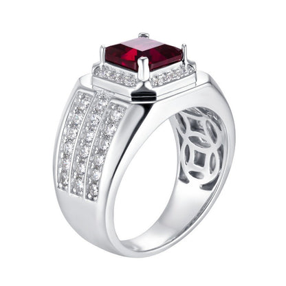 925 Sterling Silver Lab Ruby Men's Pave Square Ring - Photo 5