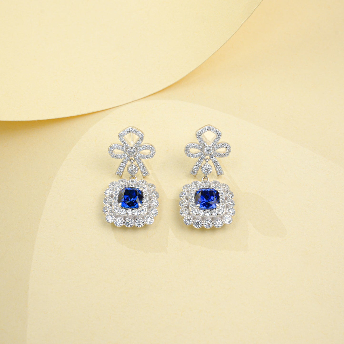 S925 Silver Full Diamond Bow Drop Earrings, Square Halo Lab - Photo 3