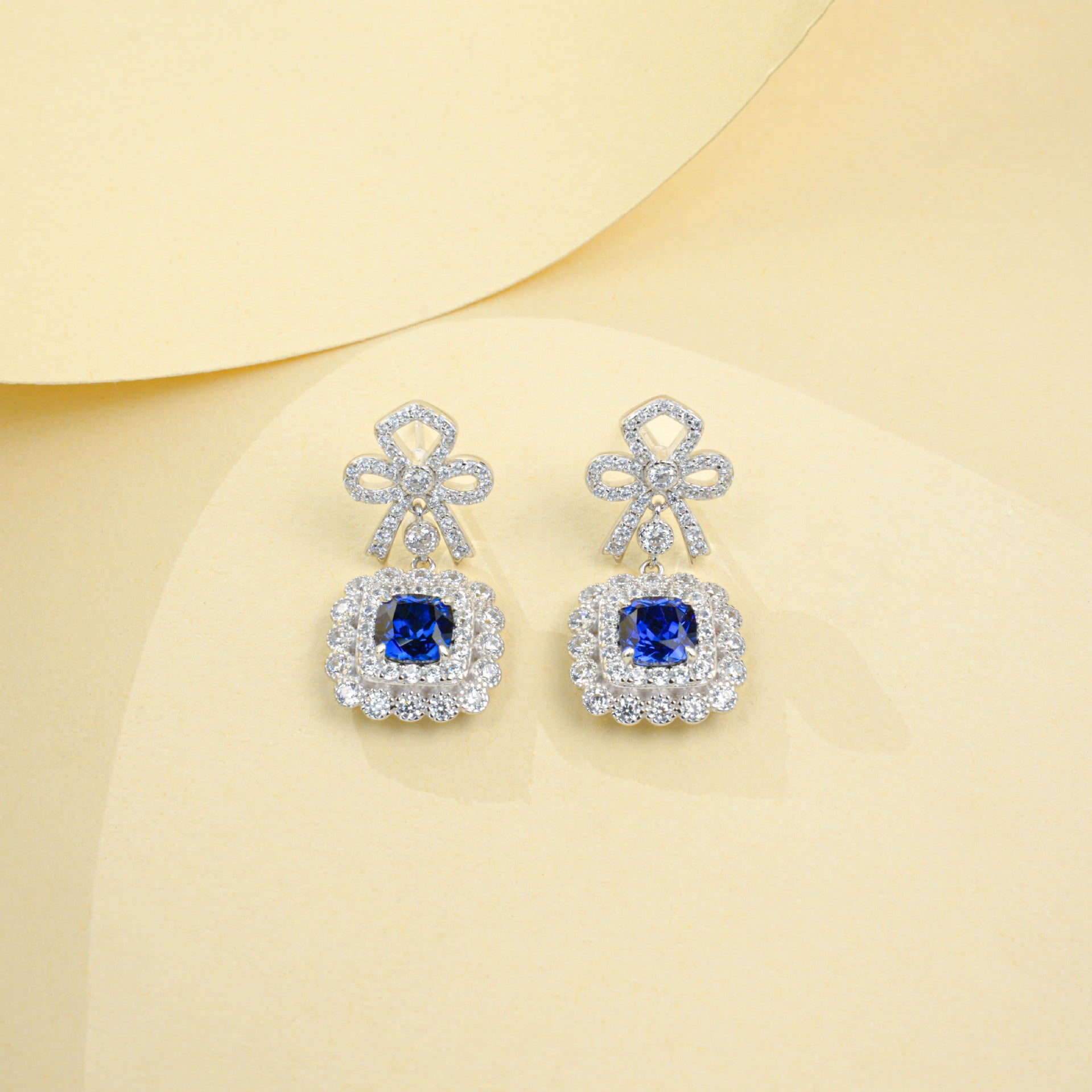S925 Silver Full Diamond Bow Drop Earrings, Square Halo Lab - Photo 3